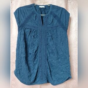 Sundance Navy Blouse W/Knit Design And Crepe Material Boho Fun